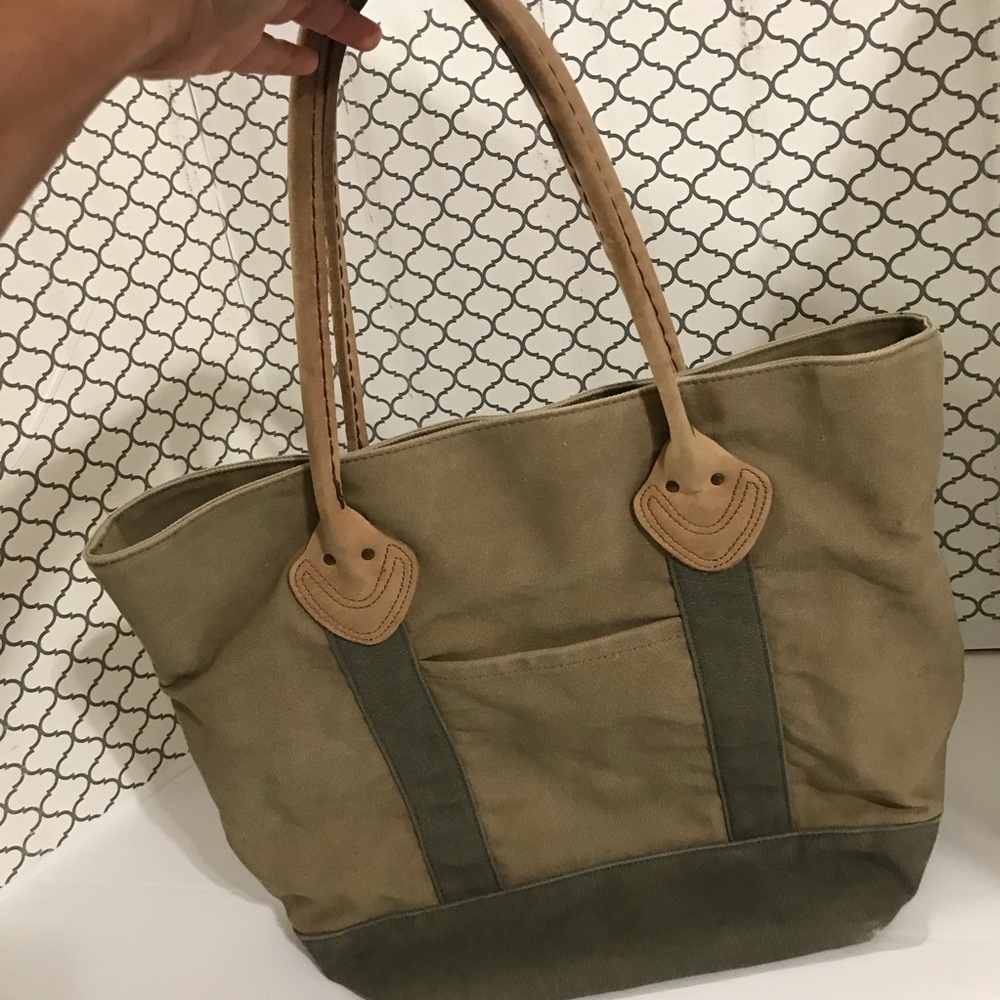 LL Bean Leather Handles Tote Bag Canvas Plaid Lined Brown Green Boat Vintage - Picture 12 of 13